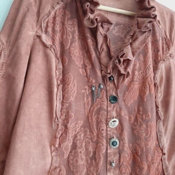 ELISA CAVALETTI Italy Button Down Boho Lace Ruffle Blouse Rust Red Sz M - Picture 5 of 10